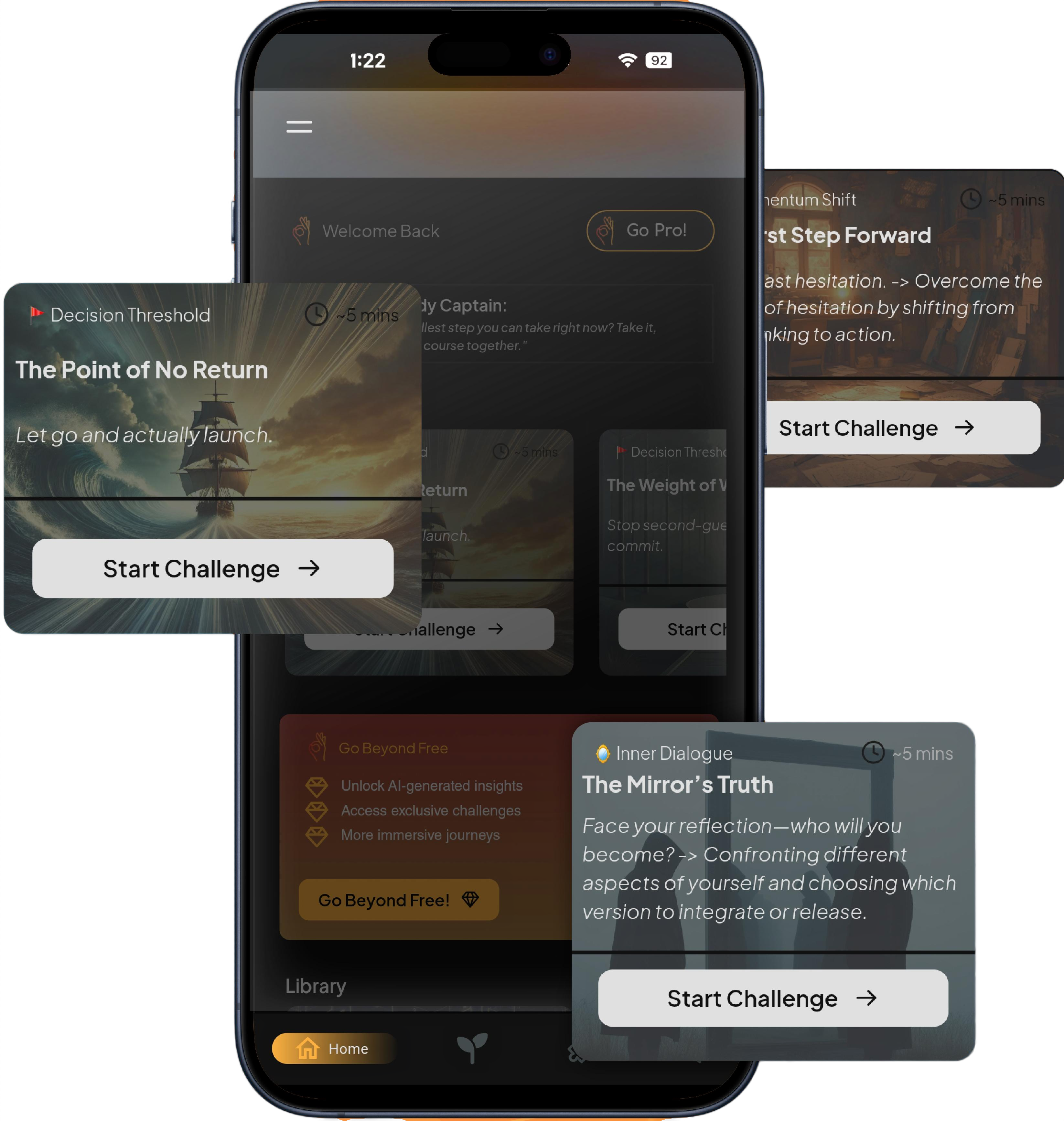 Beyond Perfect App Interface showing challenge cards and navigation